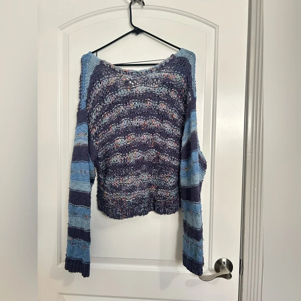 Free People Lake Life Pullover Sweater Bottled Blue Combo size small Chunky Knit - Picture 9 of 13
